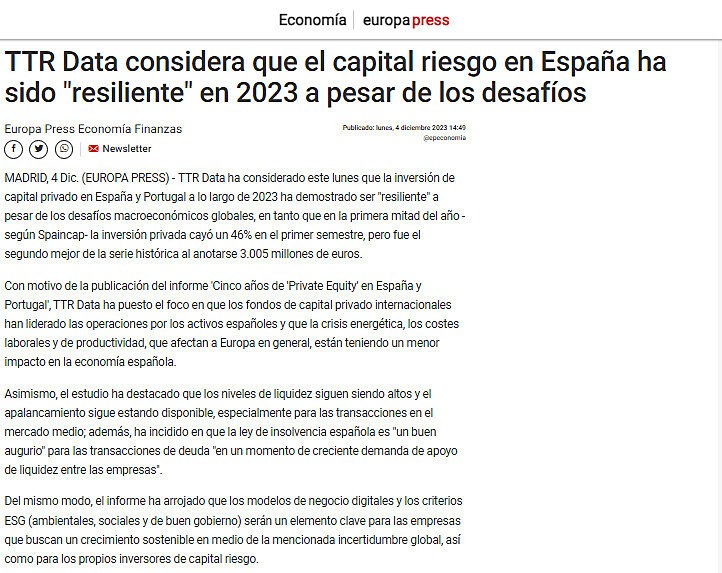 TTR Data considera que el capital riesgo en Espaa ha sido
